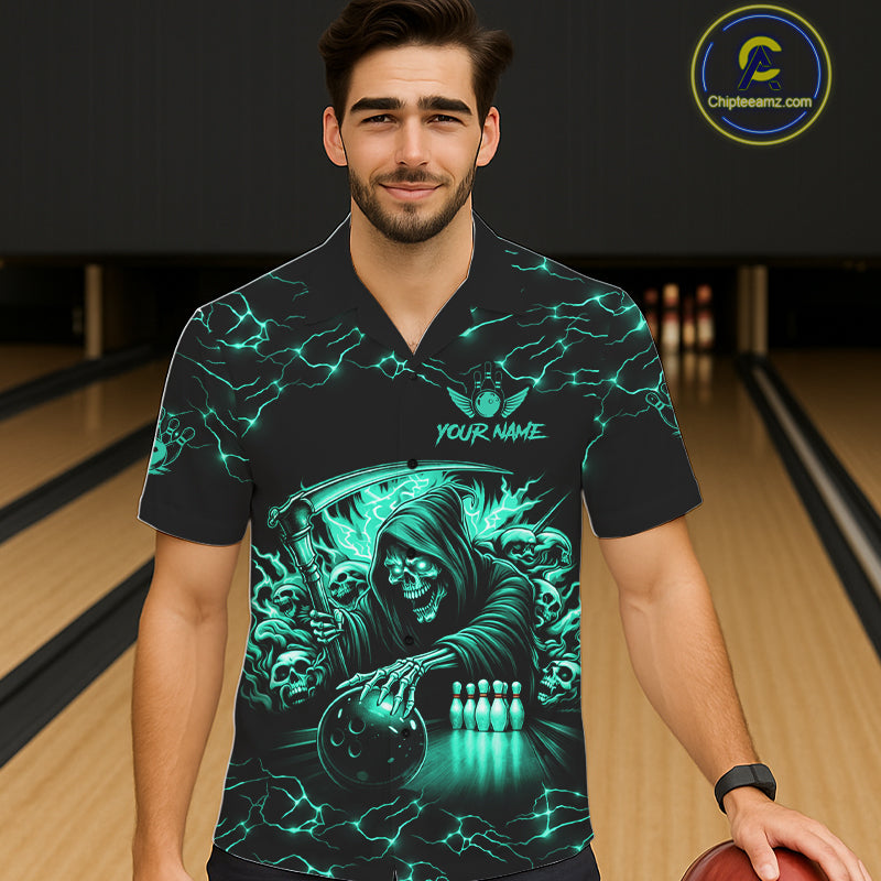Turquoise Grim Reaper Lightning Hawaiian Bowling Shirt For Men Women, Bowling Team Jersey TDM5951