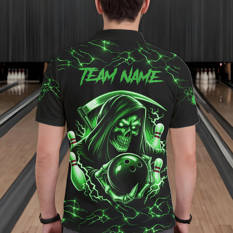 Custom Green Grim Reaper Lightning Bowling Shirt For Men, Skull Bowling Jersey Team Polo & 1/4 Zip TDM5952
