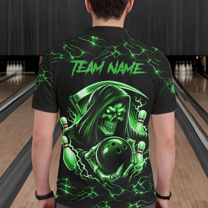 Custom Green Grim Reaper Lightning Bowling Shirt For Men, Skull Bowling Jersey Team Polo & 1/4 Zip TDM5952