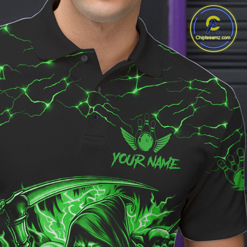Custom Green Grim Reaper Lightning Bowling Shirt For Men, Skull Bowling Jersey Team Polo & 1/4 Zip TDM5952
