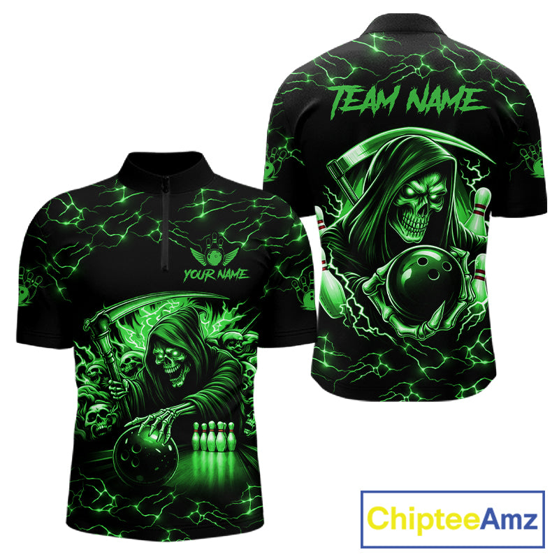 Custom Green Grim Reaper Lightning Bowling Shirt For Men, Skull Bowling Jersey Team Polo & 1/4 Zip TDM5952