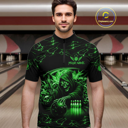 Custom Green Grim Reaper Lightning Bowling Shirt For Men, Skull Bowling Jersey Team Polo & 1/4 Zip TDM5952