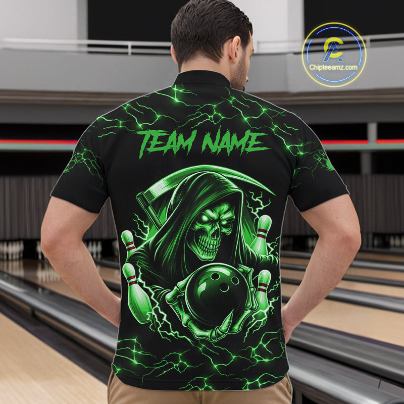 Custom Green Grim Reaper Lightning Bowling Shirt For Men, Skull Bowling Jersey Team Polo & 1/4 Zip TDM5952