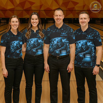 Custom Blue Grim Reaper Lightning Bowling Shirt For Women, Skull Bowling Jersey Team Polo & 1/4 Zip TDM5953