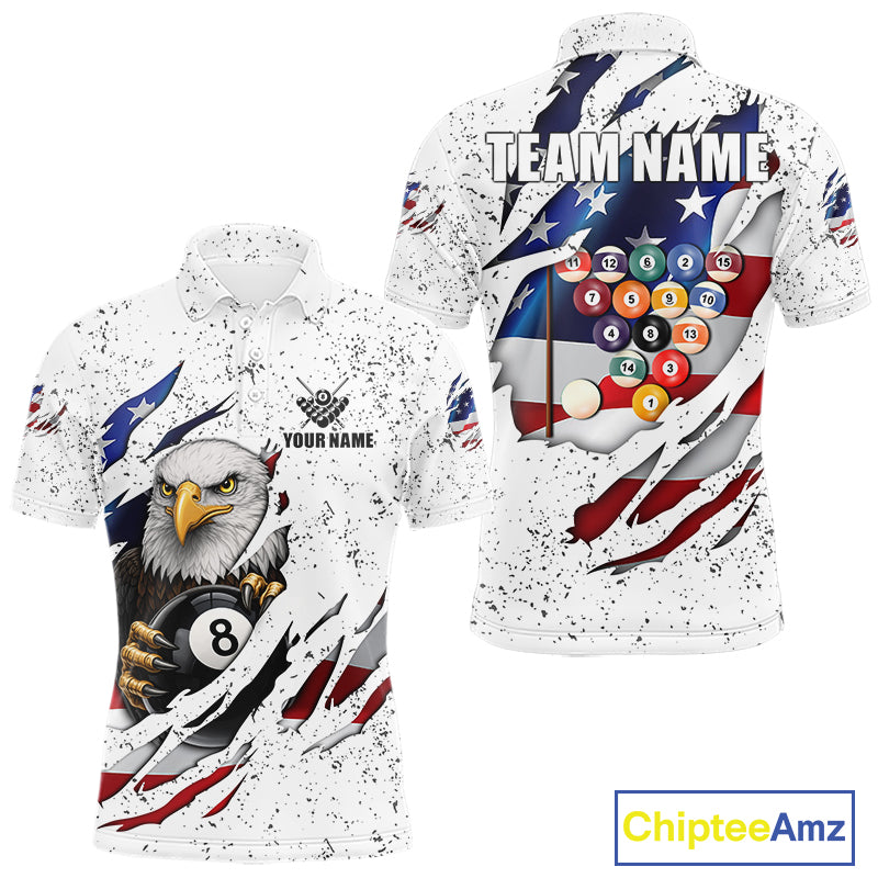 White Grunge US Flag Eagle Billiard Shirt For Men Custom 8 Ball Pool Team Jersey Polo & 1/4 Zip TDM5956