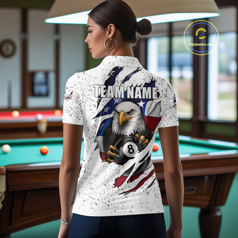Custom Eagle 8 Ball Billiard Jersey For Women, Grunge American Flag Pool Team Shirt Polo & 1/4 Zip TDM5957