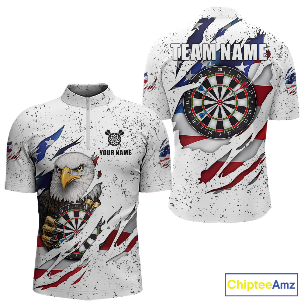 White Grunge American Flag Darts Shirt For Men Custom Patriotic Darts Team Jersey Polo & 1/4 Zip TDM5958