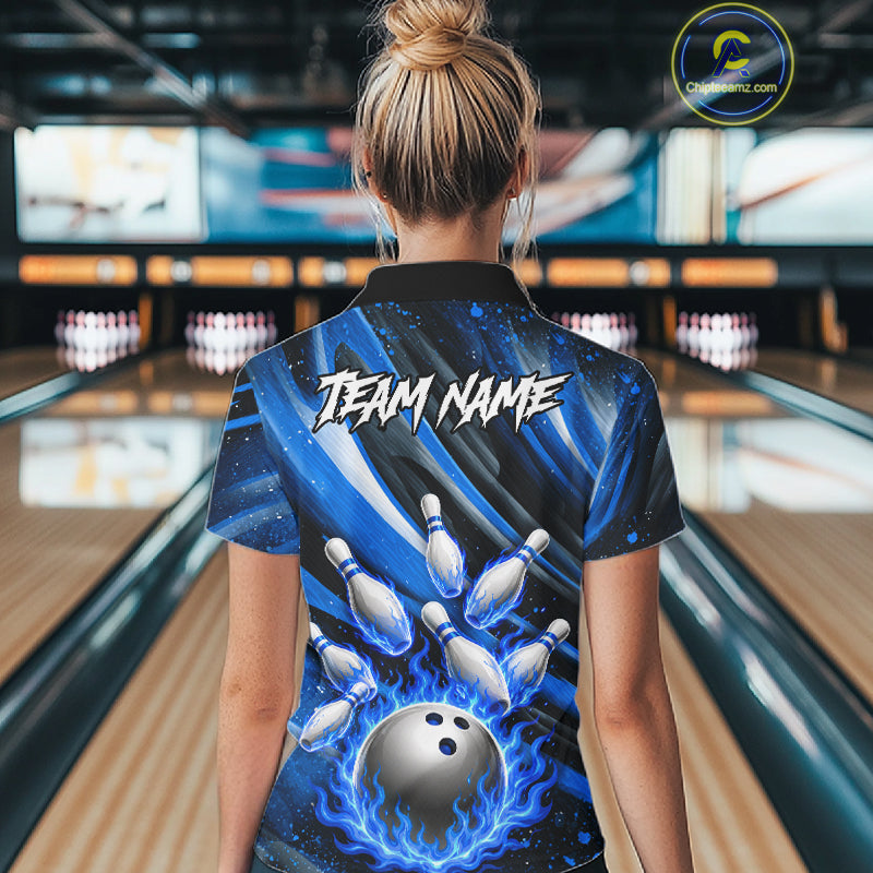 Custom Blue Flaming Silver Bowling Jersey For Women, Bowling League Team Shirts Polo & Quarter Zip TDM6549