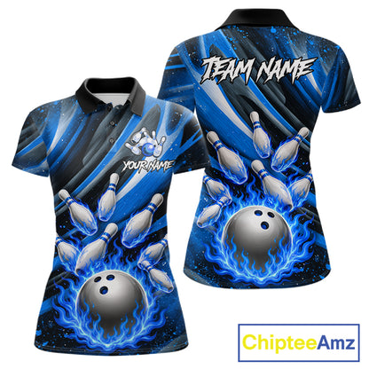 Custom Blue Flaming Silver Bowling Jersey For Women, Bowling League Team Shirts Polo & Quarter Zip TDM6549