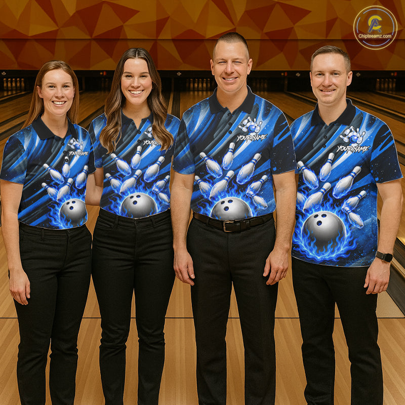 Custom Blue Flaming Silver Bowling Jersey For Men, Bowling League Team Shirts Polo & Quarter Zip TDM6549