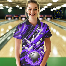 Load image into Gallery viewer, Custom Purple Flaming Silver Bowling Jersey For Women, Bowling League Team Shirts Polo &amp; Quarter Zip TDM6550