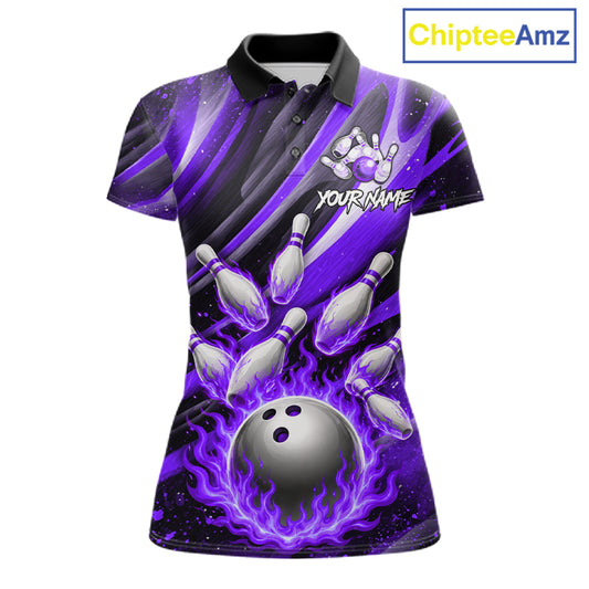 Custom Purple Flaming Silver Bowling Jersey For Women, Bowling League Team Shirts Polo & Quarter Zip TDM6550