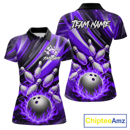 Custom Purple Flaming Silver Bowling Jersey For Women, Bowling League Team Shirts Polo & Quarter Zip TDM6550
