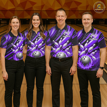 Custom Purple Flaming Silver Bowling Jersey For Men, Bowling League Team Shirts Polo & Quarter Zip TDM6550