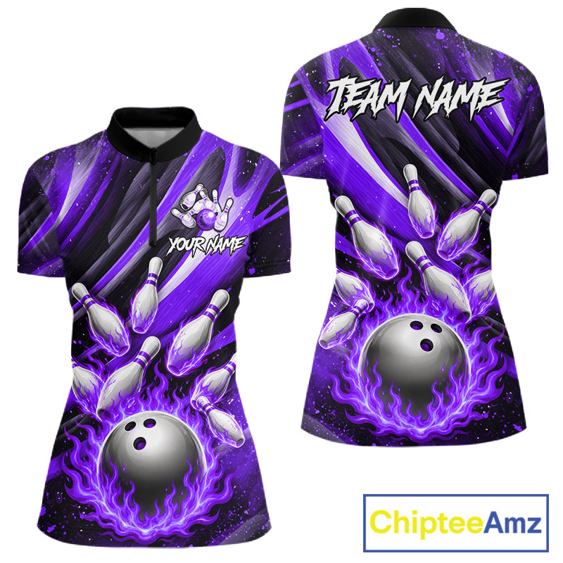 Custom Purple Flaming Silver Bowling Jersey For Women, Bowling League Team Shirts Polo & Quarter Zip TDM6550