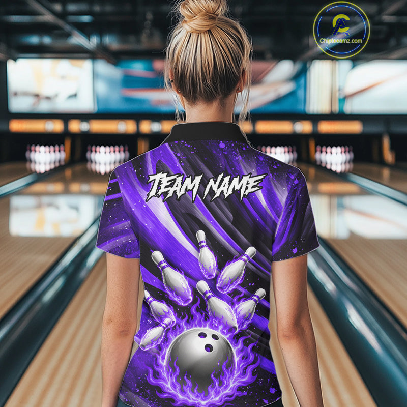 Custom Purple Flaming Silver Bowling Jersey For Women, Bowling League Team Shirts Polo & Quarter Zip TDM6550