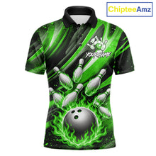 Load image into Gallery viewer, Custom Green Flaming Silver Bowling Jersey For Men, Bowling League Team Shirts Polo &amp; Quarter Zip TDM6551