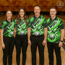 Load image into Gallery viewer, Custom Green Flaming Silver Bowling Jersey For Men, Bowling League Team Shirts Polo &amp; Quarter Zip TDM6551