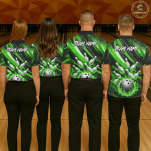 Load image into Gallery viewer, Custom Green Flaming Silver Bowling Jersey For Men, Bowling League Team Shirts Polo &amp; Quarter Zip TDM6551