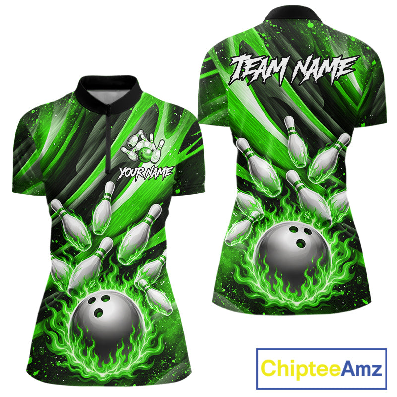 Custom Green Flaming Silver Bowling Jersey For Women, Bowling League Team Shirts Polo & Quarter Zip TDM6551