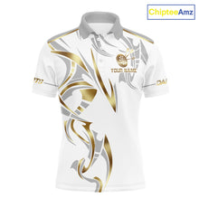 Load image into Gallery viewer, White and gold dartboard crown darts polo shirt for men with custom darts team graphics.