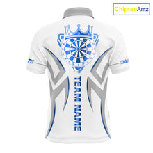 Load image into Gallery viewer, White and blue dartboard crown darts polo shirt for men with custom darts team graphics.