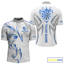 Load image into Gallery viewer, White and blue dartboard crown darts quarter zip shirt for men designed for league tournaments and team events.