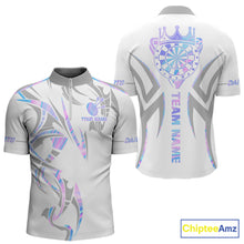 Load image into Gallery viewer, White and holographic dartboard crown darts quarter zip shirt for men designed for league tournaments and team events.