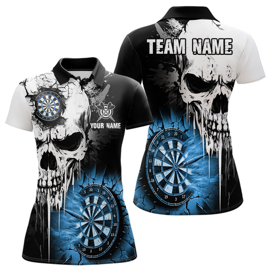 Personalized Grunge Skull Crack Wall Women Dart Shirts Custom Scary Darts League Team Jerseys |Blue TDM2785