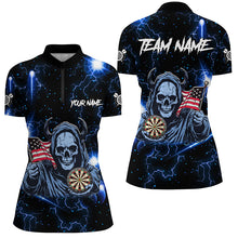 Load image into Gallery viewer, Blue Skull Thunder Lightning US Flag Custom Dart Shirts For Women, Darts League Team Jerseys TDM3017