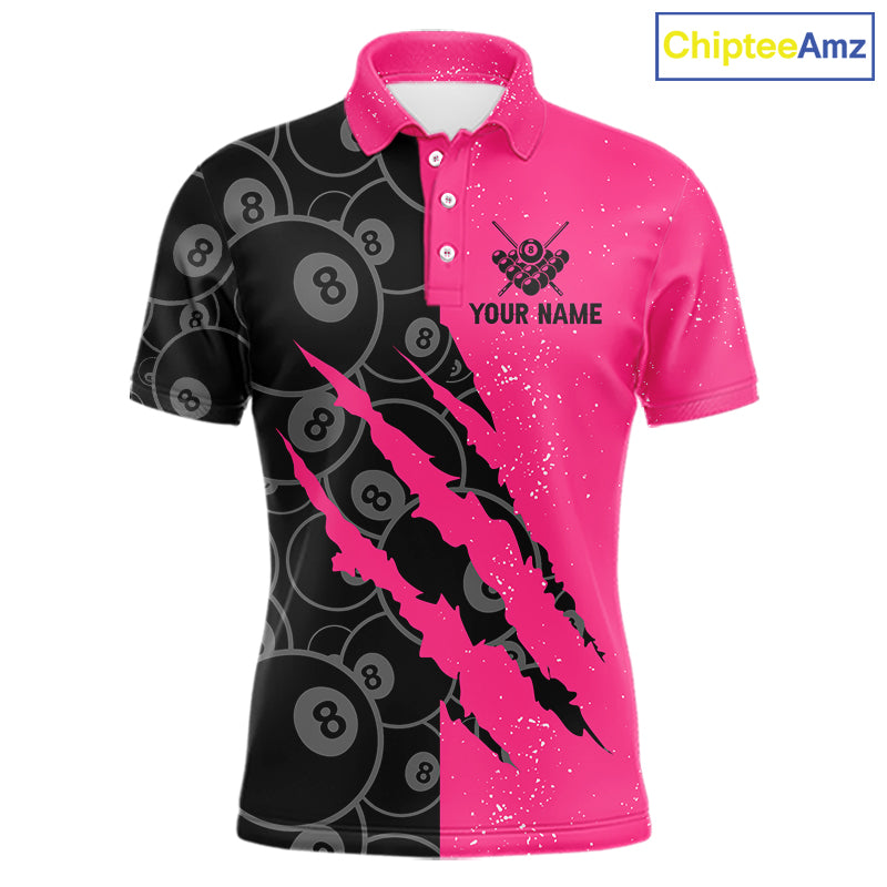 Custom Grunge Pink Black 8 Ball Pool Billiard Shirt For Men, Billiard Team Jersey Polo & 1/4 Zip TDM5960