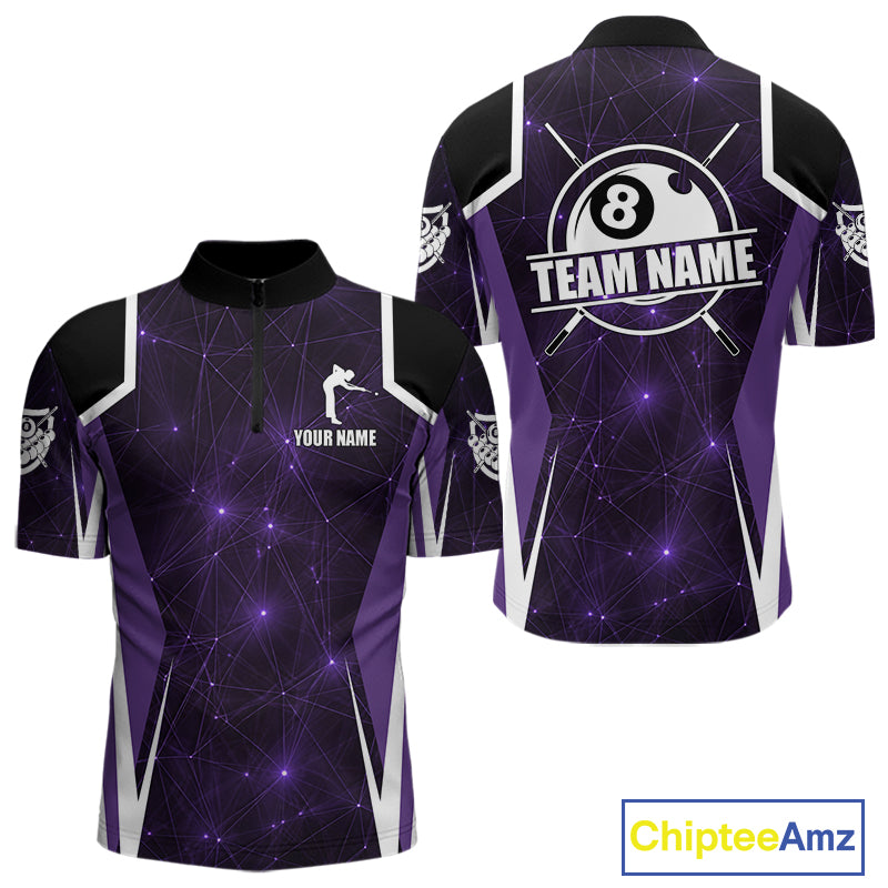 Custom 8 Ball Pool Billiard Shirt For Men, Purple Geometric Billiard Team Jersey Polo & 1/4 Zip TDM6129
