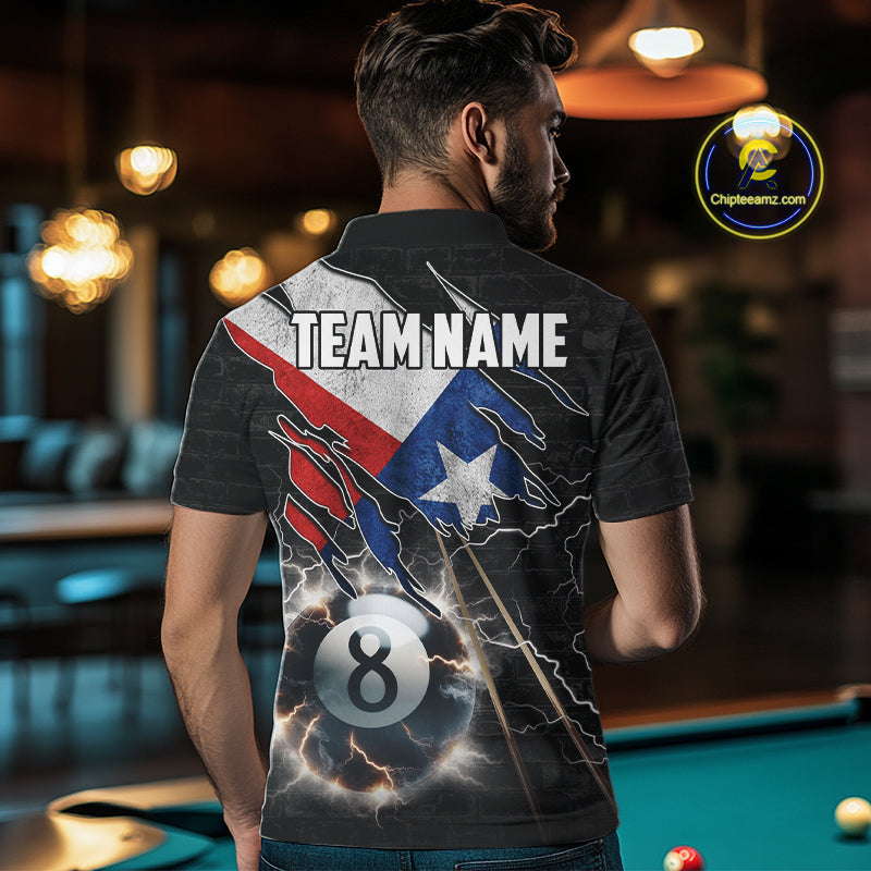Man Wearing Texas Flag Lightning 8 Ball Custom Billiard Team Jersey Featuring the Complete Rear Artwork and Personalized Style, Back View