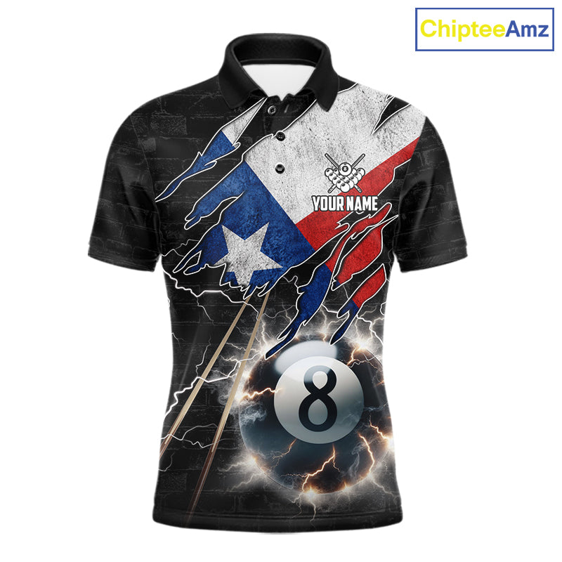 Texas Flag Lightning 8 Ball Billiard Pool Polo Shirt Featuring a Patriotic Custom Design for Pool League Players, Team Competition, and Tournament Events