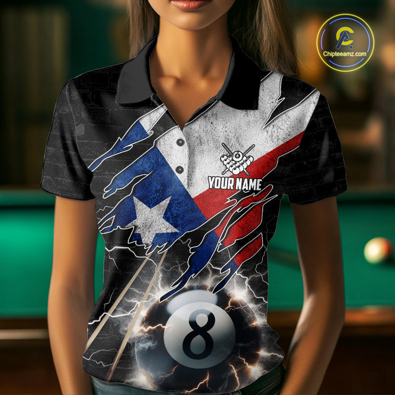 Woman Wearing American Flag Lightning 8 Ball Billiard Polo Shirt with Athletic Performance Fit and Bold Patriotic Graphic Design, Front View