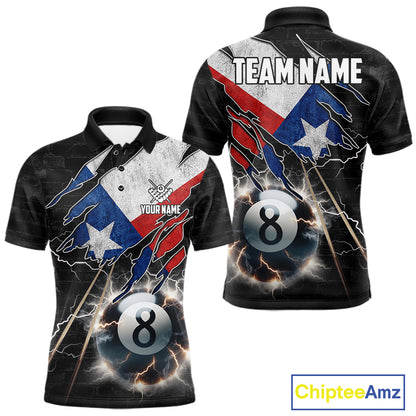 Custom Texas Flag Lightning 8 Ball Pool Polo Shirt Designed for Personalized Patriotic Billiard Team Jerseys with Premium Athletic Performance Style