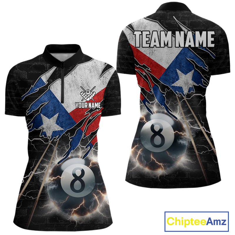 American Flag Lightning 8 Ball Quarter Zip Billiard Shirt Created for Pool League Teams with Patriotic Artwork and Custom Jersey Design