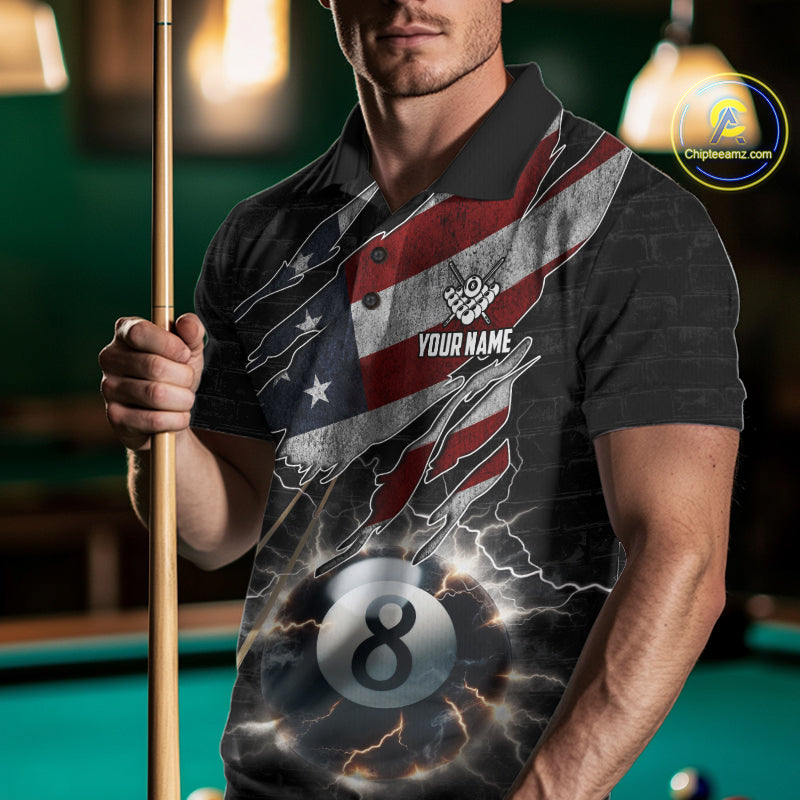 Man Wearing American Flag Lightning 8 Ball Billiard Polo Shirt with Athletic Performance Fit and Patriotic Graphic Design, Front View