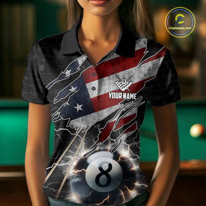 Woman Wearing American Flag Lightning 8 Ball Billiard Polo Shirt with Athletic Performance Fit and Bold Patriotic Graphic Design, Front View