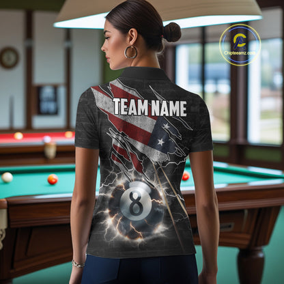 Woman Wearing American Flag Lightning 8 Ball Custom Billiard Team Jersey Featuring the Complete Rear Graphic Artwork, Back View