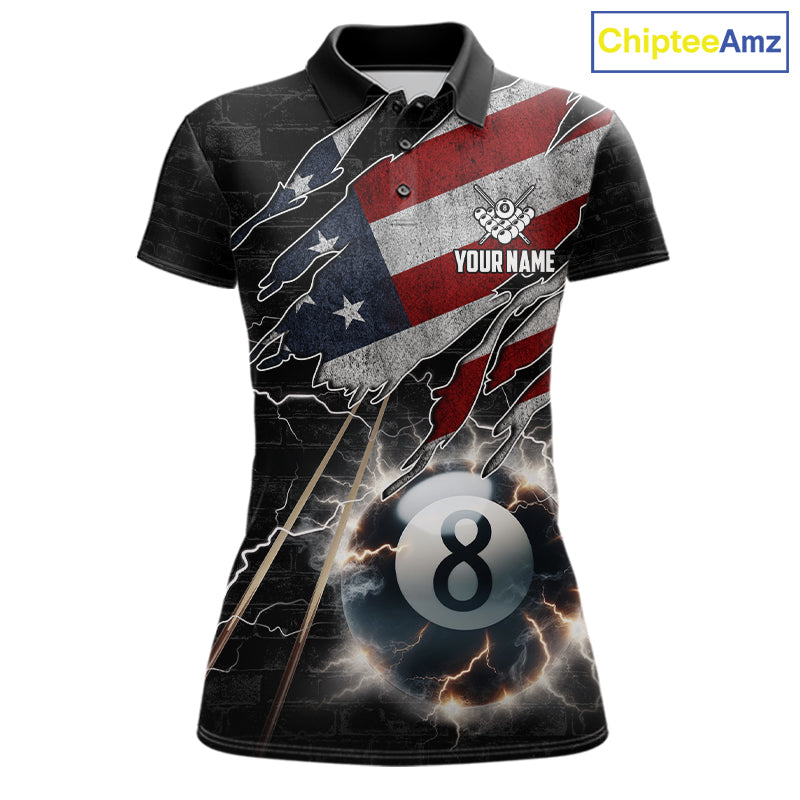 American Flag Lightning 8 Ball Billiard Pool Polo Shirt Featuring a Patriotic Custom Design for Pool League Players, Team Matches, and Tournament Competition
