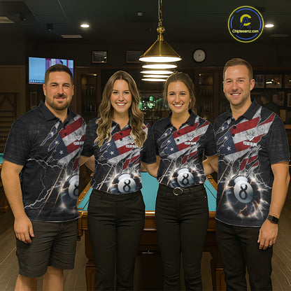 Pool Team Wearing American Flag Lightning 8 Ball Patriotic Billiard Jerseys During League Competition and Tournament Events, Front View
