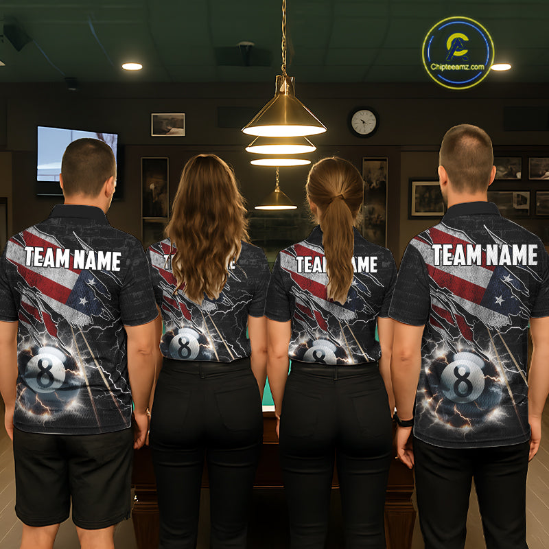 Pool Team Wearing American Flag Lightning 8 Ball Custom Billiard Team Jerseys Featuring the Full Back Artwork, Back View