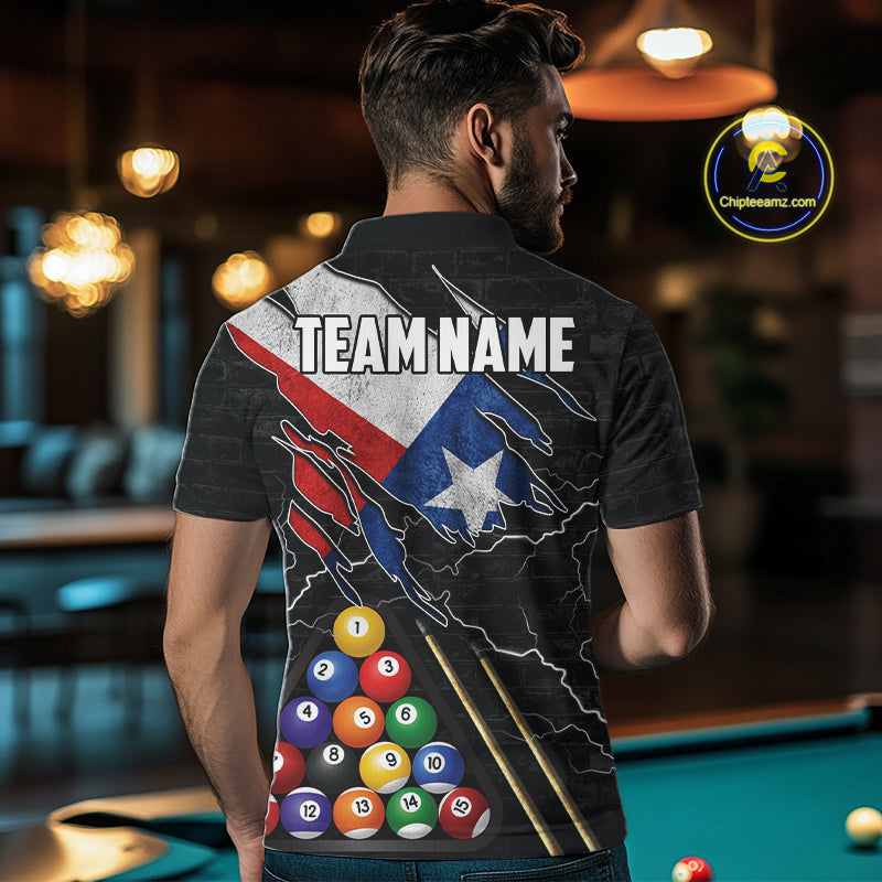 Man Wearing Personalized Texas Flag 8 Ball Custom Billiard Team Jersey Featuring the Complete Rear Artwork and Personalized Details, Back View