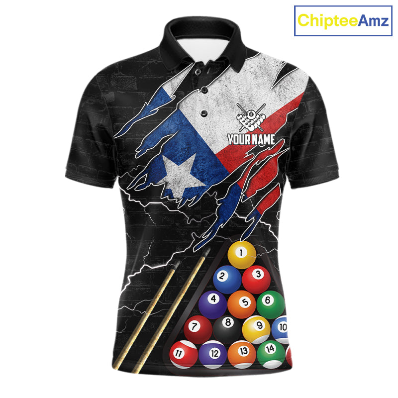 Personalized Texas Flag 8 Ball Billiard Pool Polo Shirt Featuring a Patriotic Custom Design for League Players, Team Competition, and Tournament Events