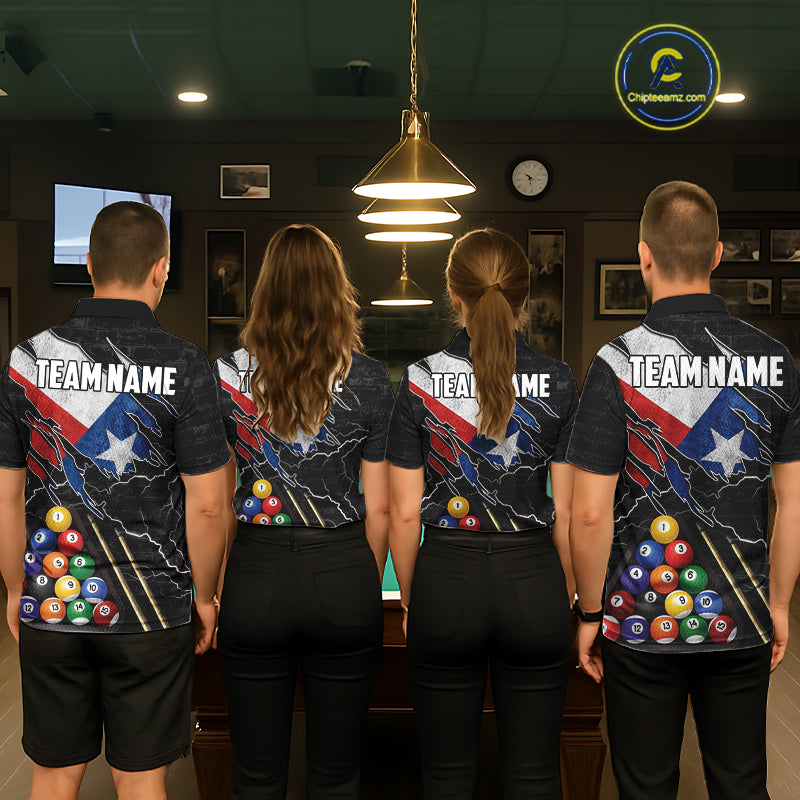 Pool Team Wearing Personalized Texas Flag 8 Ball Custom Billiard Team Jerseys Featuring the Complete Back Artwork, Back View
