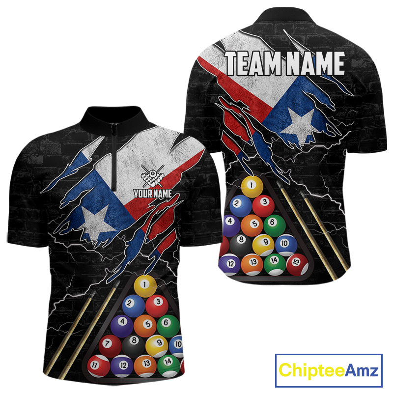 Personalized Texas Flag 8 Ball Quarter Zip Billiard Shirt Created for Pool League Teams with Custom Patriotic Artwork and Performance Fabric