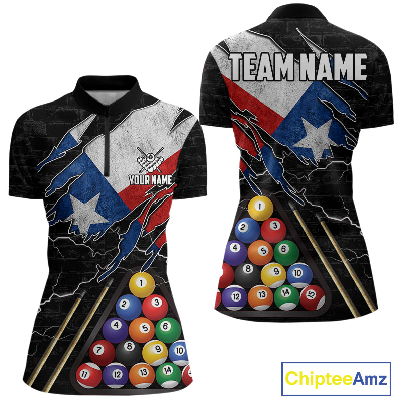 Personalized Texas Flag 8 Ball Quarter Zip Billiard Shirt Created for Pool League Teams with Patriotic Artwork and Custom Performance Jersey Design