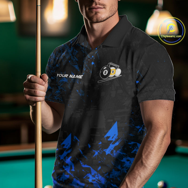 Man Wearing Personalized Blue Grim Reaper 8 Ball 9 Ball Billiard League Polo Shirt with Athletic Performance Fit and Custom Graphic Design, Front View