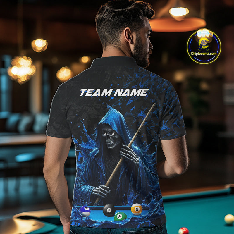 Man Wearing Personalized Blue Grim Reaper 8 Ball 9 Ball Custom Pool Team Jersey Featuring the Complete Rear Artwork and Personalized Details, Back View